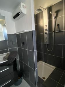 La salle de bains est pourvue d'une douche et d'un lavabo. dans l'établissement Charmant studio de 18 m2., à Montarnaud