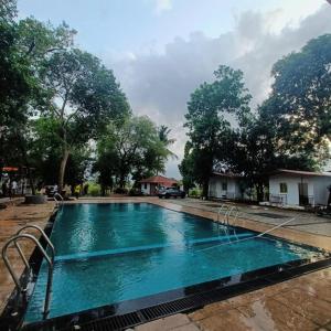 - une piscine d'eau bleue dans la cour dans l'établissement Dsouza's Nature Farm, à Badlapur