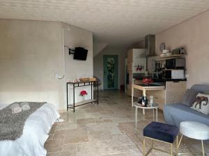 ein Wohnzimmer mit einem Bett und einem Sofa in der Unterkunft Gîte Mas La clé d’ailleurs in Lapalud