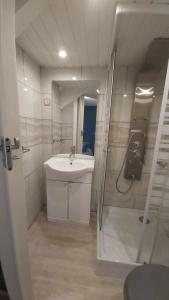 een witte badkamer met een wastafel en een douche bij La Renaissance in Condé-sur-Noireau