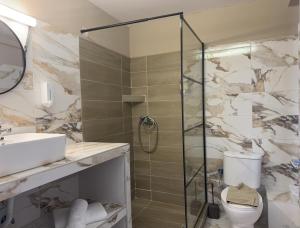 a bathroom with a shower and a toilet and a sink at CENTRAL VIEW ΜΙΔΕΙΑ in Levádeia