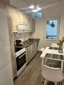 a kitchen with wooden cabinets and a table with chairs at Metropolitan Complex Apartment Faliro in Piraeus