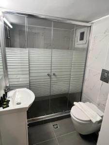 a bathroom with a shower and a toilet and a sink at Metropolitan Complex Apartment Faliro in Piraeus