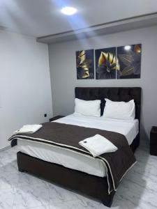 MansoûraAppartements équipés luxe的一间卧室设有一张大床,墙上挂有三幅画作