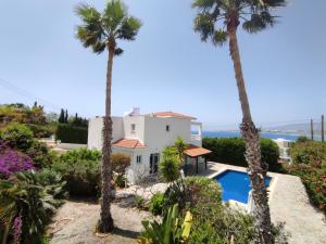 une villa avec des palmiers et une piscine dans l'établissement Theo Sunset Bay Hotel, à Paphos