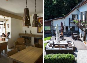 two pictures of a patio with a table and chairs at Vila 3 Stromy sk in Modra