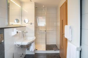 uma casa de banho com um lavatório e um chuveiro em Zum Dallmayr Hotel Garni em Berching