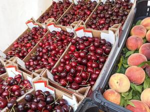 a bunch of baskets of cherries and apples on display at Casa Angulosa in Covilhã