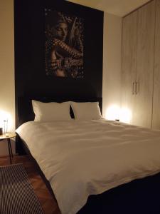 - une chambre avec un lit blanc et une peinture murale dans l'établissement Apartman Wolf, à Varaždin