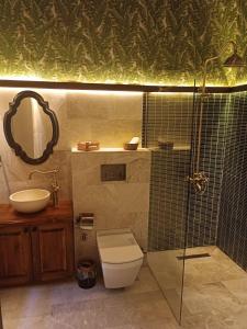 a bathroom with a shower and a toilet and a sink at Kalkan Port Hotel in Kalkan