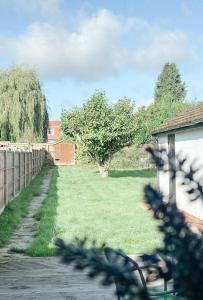 Home in Hereford في هيريفورد: منظر على ساحة مع سياج وسيدكس عشب