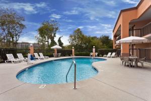 uma piscina com cadeiras, mesas e guarda-sóis em Super 8 by Wyndham Knoxville West/Farragut em Knoxville