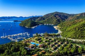 an aerial view of a marina on a lake at Rixos Premium Göcek - Adult Only in Göcek