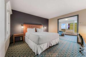 a bedroom with a large bed and a large window at Wyndham Fallsview Hotel in Niagara Falls