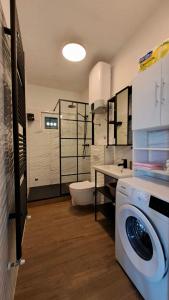 La salle de bains est pourvue d'un lave-linge et de toilettes. dans l'établissement Apartment Artemisia 1, à Trogir