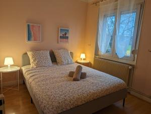 Le Bâlois - appartement 2 chambres, salon, cuisine équipée, parking et wifi gratuit tesisinde bir odada yatak veya yataklar