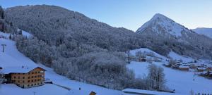 wioska w górach z śniegiem na ziemi w obiekcie Ferienwohnung BergTraum w mieście Schoppernau