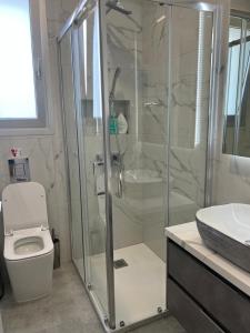 a bathroom with a shower and a toilet and a sink at Johnny's luxury getaway in Strovolos