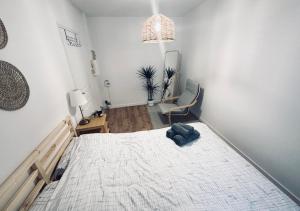 um quarto com uma cama e uma cadeira em Appartement unique et charmant au coeur du Vieux-Lille em Lille