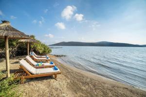 伊羅達的住宿－Elounda Blue Island Villa，海滩上的一排躺椅和遮阳伞