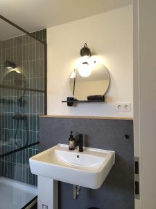 a bathroom with a sink and a mirror at steenkamp•studio Auntys' Chamber in Hamburg