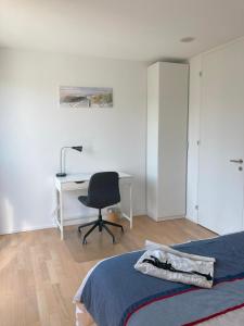 a bedroom with a bed and a desk and a chair at Private room with work space near Zurich in Adliswil