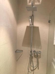 a shower with a light in a bathroom at Private room with work space near Zurich in Adliswil