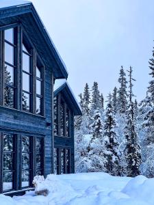 una casa blu nella neve con gli alberi di Norebu - Norefjell a Noresund