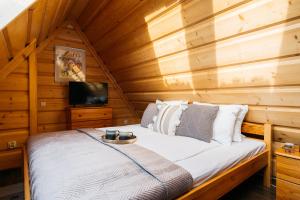 a bed in a log cabin with a television at Forest Home Zakopane by LoftAffair in Zakopane