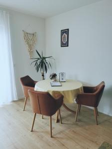 a dining room table with chairs and a plant on it at Ferienwohnung Martinsesch in Bad Schussenried