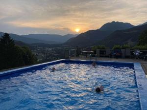 duas pessoas a nadar numa piscina com as montanhas em Ferienwohnungen Angerer Kederlehen em Berchtesgaden