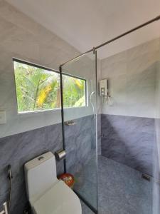 a bathroom with a toilet and a glass shower at Homestay Nam Hàm Luông in Ben Tre