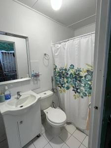 y baño con aseo, lavamanos y cortina de ducha. en Casa Central, Amplia y Cómoda en Antofagasta