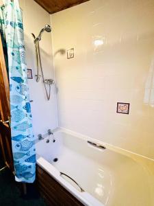 a bathroom with a bath tub and a shower at 'Mallard' Secluded Rustic Lodge - Digital Detox Paradise in Allerthorpe