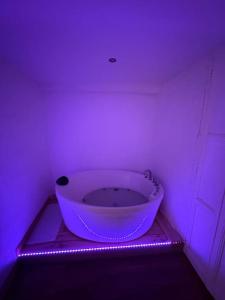 Cette chambre violette dispose d'une grande baignoire. dans l'établissement Charmant appartement baignoire, à Serdinya