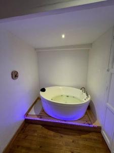 Charmant appartement baignoire في Serdinya: حمام مع حوض أزرق كبير في الغرفة