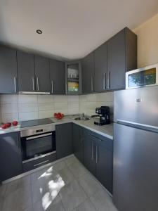 a kitchen with gray cabinets and a stainless steel refrigerator at Roze Apartment in Rēzekne