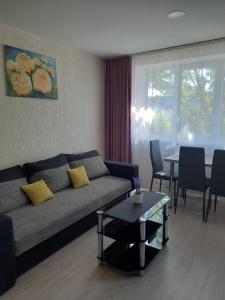 a living room with a couch and a table at Roze Apartment in Rēzekne