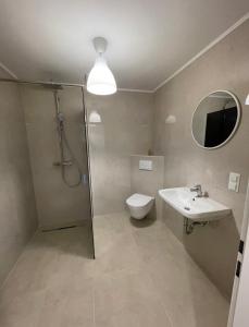 a bathroom with a shower and a toilet and a sink at Fancy Big Apartment in Gerasdorf bei Wien