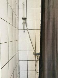 eine Dusche mit Duschkopf und Duschvorhang in der Unterkunft Cosy apartement in Antwerp's hipster neighbourhood in Antwerpen