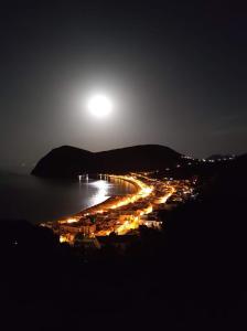 a view of a beach at night with the moon at B&B Antico Palmento in Lipari