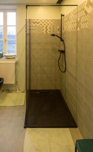 a shower with a glass door in a bathroom at Haute Dône in Luzy