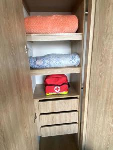 a closet with a bed and a red suitcase at Apartaestudio Bogotá Colombia in Bogotá