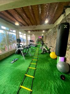 - une salle de sport avec de la moquette verte et des équipements de boxe dans l'établissement KASBAH LA DAME BIJA, à Tassa Ouirgane