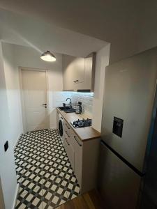 Il comprend une petite cuisine équipée d'une cuisinière et d'un réfrigérateur. dans l'établissement Cozy apartment Pier Kobakhidze, à Tbilissi