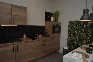 a kitchen with wooden cabinets and a sink and a stove at Au Vieux Chêne in Malmedy