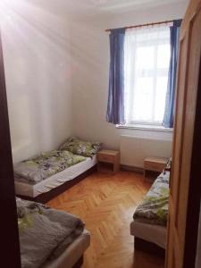 a room with two beds and a window at Penzion u Trojice in Červená Voda