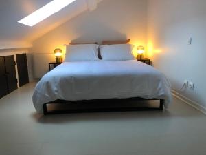 a bedroom with a large bed with two lamps at Joli duplex in Dijon