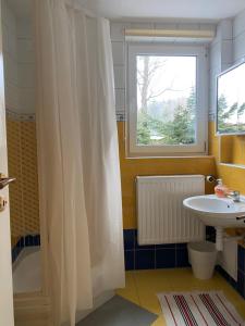 a bathroom with a sink and a shower curtain at Pod Jeleńcem willa i dom z widokiem na Śnieżkę blisko Wang in Karpacz +76 photos