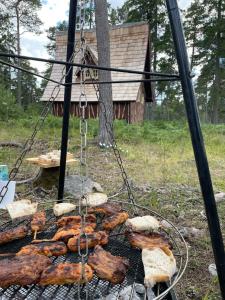a grill with a bunch of sausages and meat at Fairytale tinyhouse near the sea - Häxans hus in Gothem